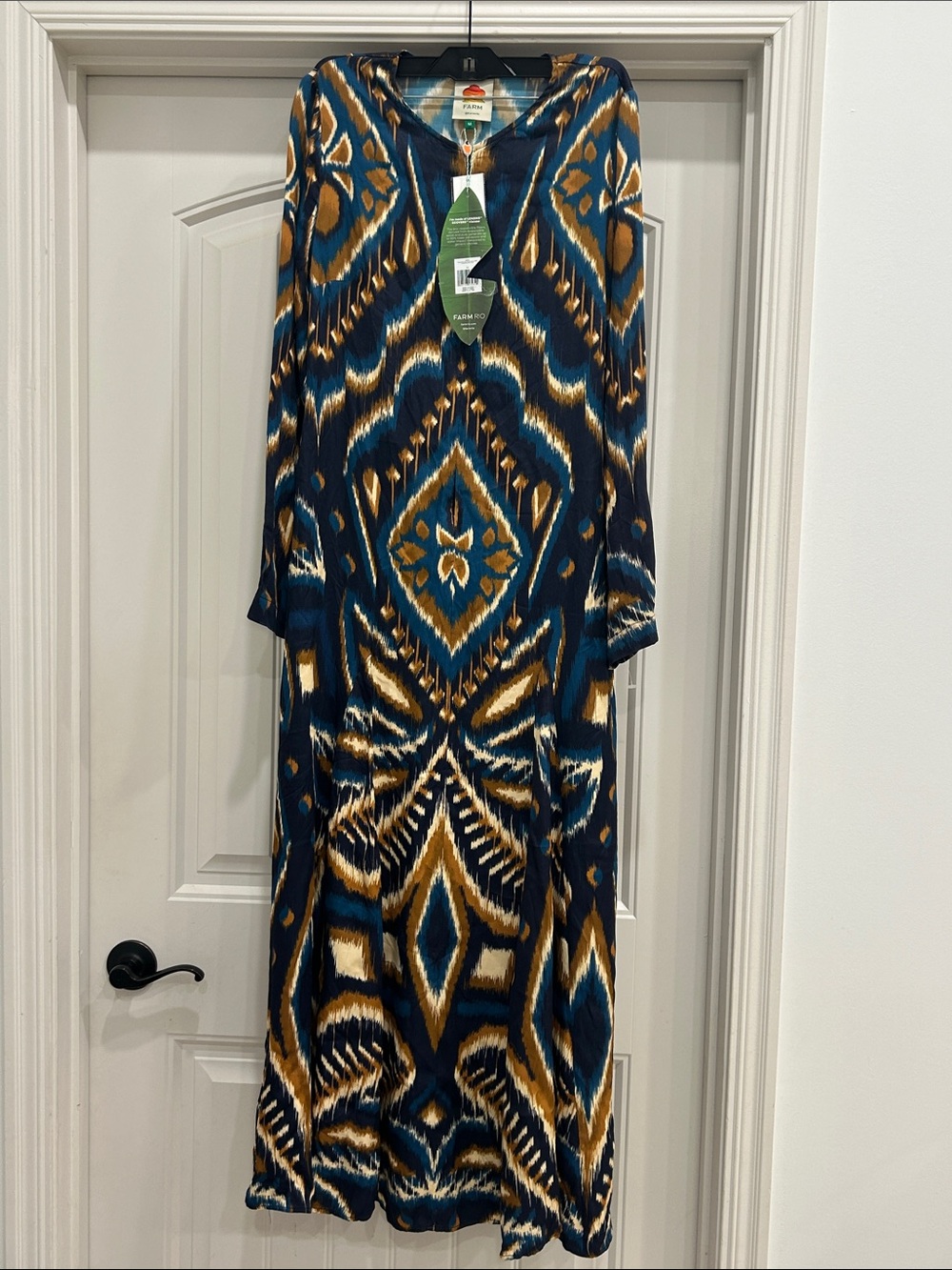 FARM Rio Teal & Mustard Geometric Long Sleeve Maxi Dress size M